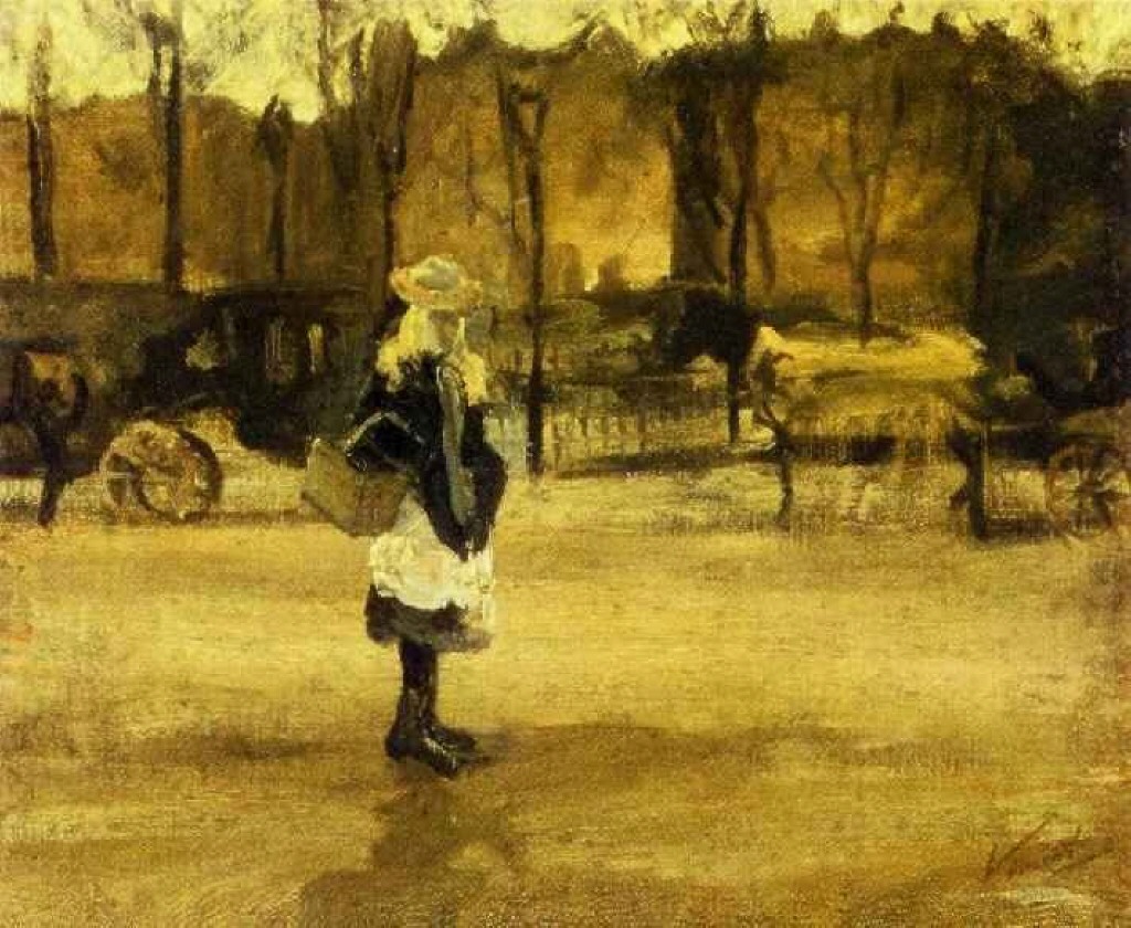 Ван Гог Девочка на улице, на фоне двух повозок 1882